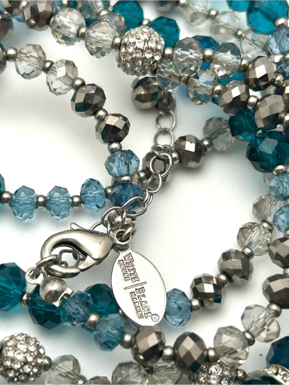 White House Black Market WHBM Blue Beaded and Jeweled Long Strand Necklace 56”